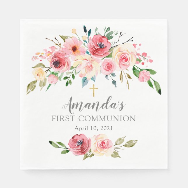 Peonies Rose Floral First Communation Serviette (Vorderseite)
