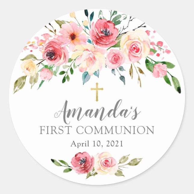 Peonies Rose Floral First Communion Sticker (Devant)