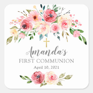 Peonies Rose Floral First Communion Sticker
