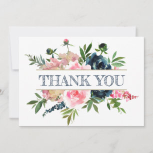 Peonies Rose Pink & Navy Wasserfarbenhochzeit Dankeskarte