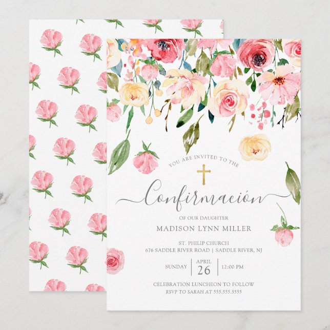Peonies Rose Spanische Bestätigung Einladung (Vorne/Hinten)