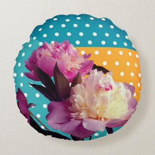 Peonies roses et points Coussin rond