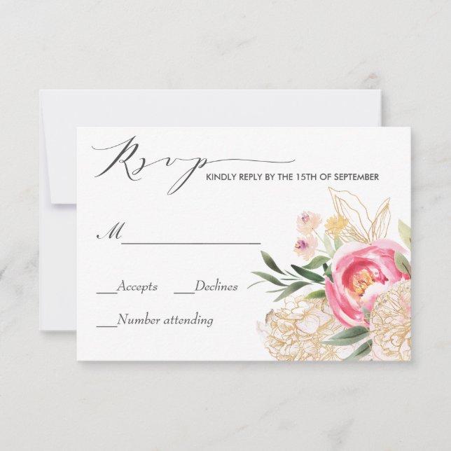 Peonies roses Gold Aquarelle mariage Rsvp (Devant)