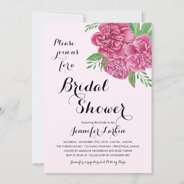 Peonies roses Invitation à la douche nuptiale (Devant)