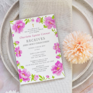 Peonies roses première communion sainte Invitation