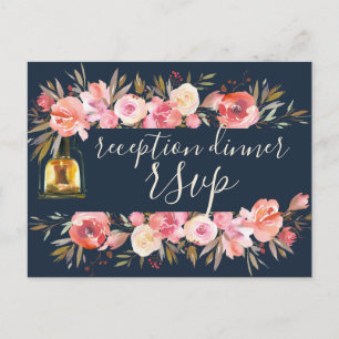 Peonies Rustic Navy Coral Floral Empfang Dinner Einladungspostkarte