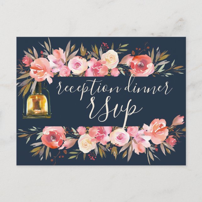 Peonies Rustic Navy Coral Floral Empfang Dinner Einladungspostkarte (Vorderseite)