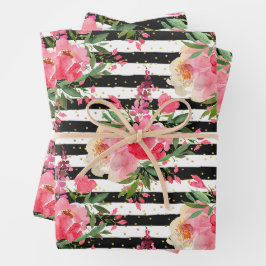 Peonies Schwarz-weiße Streifen Geschenkpapier Set