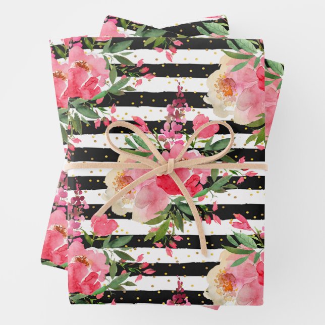 Peonies Schwarz-weiße Streifen Geschenkpapier Set (Beispiel)
