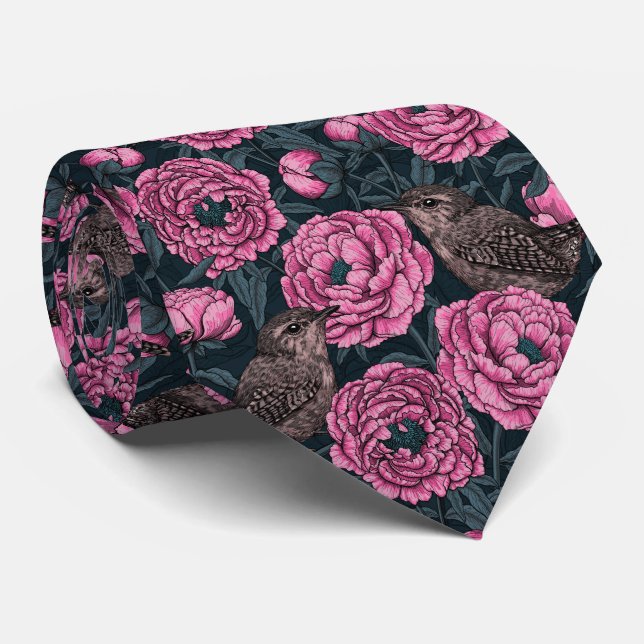 Peonies und Warnen auf dunkelgrau Krawatte (Gerollt)
