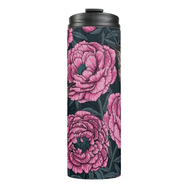 Peonies und Warnen auf dunkelgrau Thermosbecher (Vorderseite)
