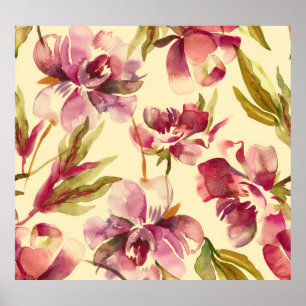 Peonies Watercolor: Nahtlose Hintergrundblicke Poster