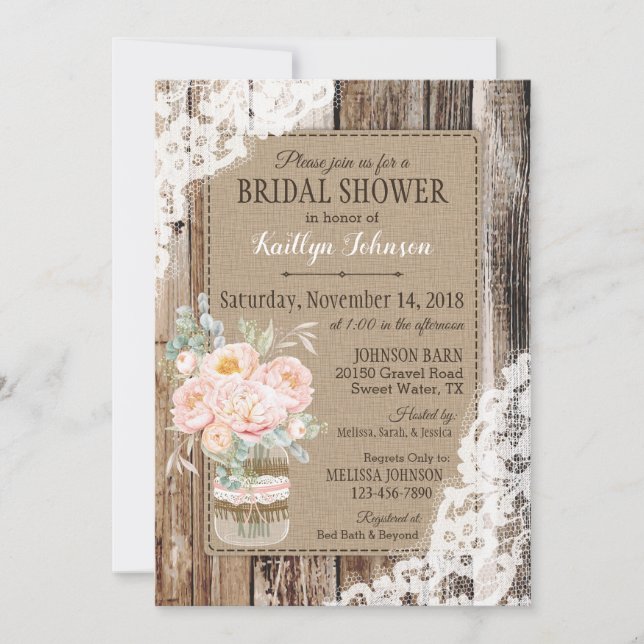 Peonies Wood Lace Rustikales Brautparty Einladung (Vorderseite)