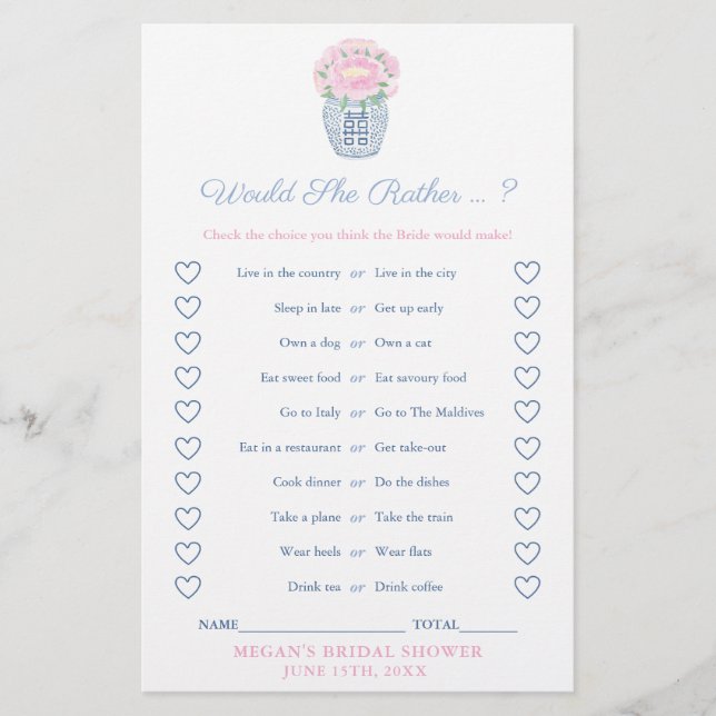 Peonies Would She Rather Bridal Shower Game Card (Vorderseite)