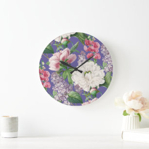 Peonings & Lilacs Blumengarten Wasserfarben Muster Große Wanduhr