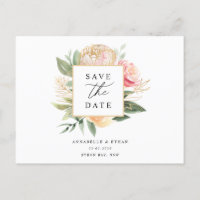 Peony and Gold Blume Save the Date Postcard
