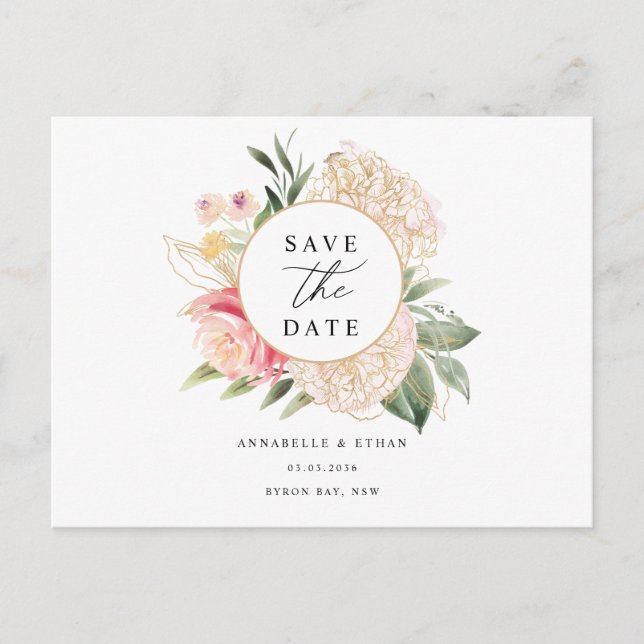 Peony and Gold Flowers Enregistrer la date Carte p (Devant)