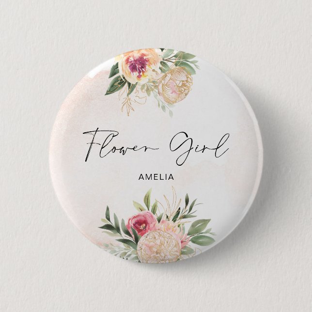 Peony and Gold Foil Blume Blume Abzeichen Button (Vorderseite)