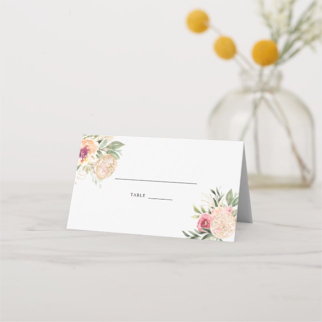 Peony and Gold Foil Blume Hochzeit Platzkarte (Vorderseite)