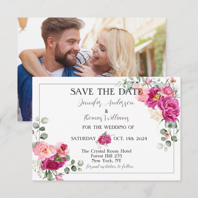 Peony and Rose Greenery Save the Date (Vorne/Hinten)