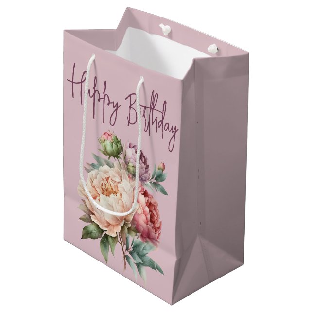 Peony Birthday Bouquet auf Pink Mittlere Geschenktüte (Vorderseite Schrägansicht)