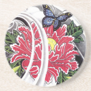 Peony Blume and Butterfly Tattoo Design Sandstein Untersetzer