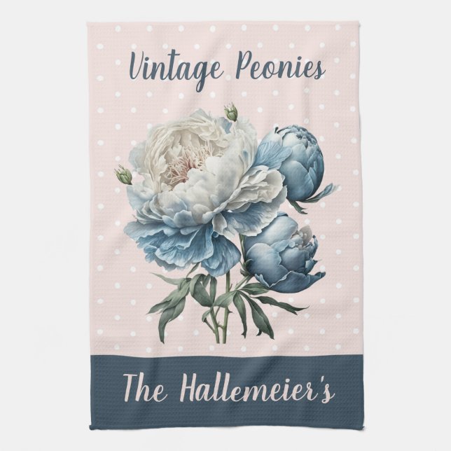 Peony Blume in Blue & White auf Pink & Blue Geschirrtuch (Vertikal)