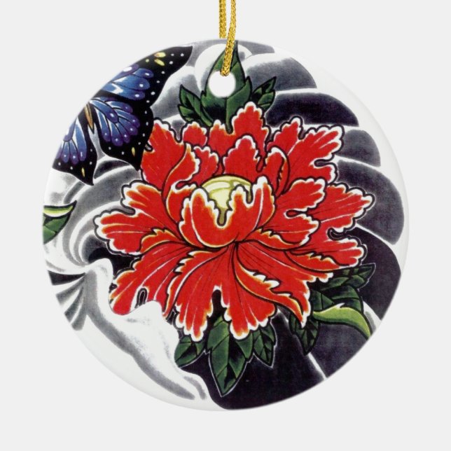 Peony Blume Japanisches Tätowierdesign Keramikornament (Vorne)