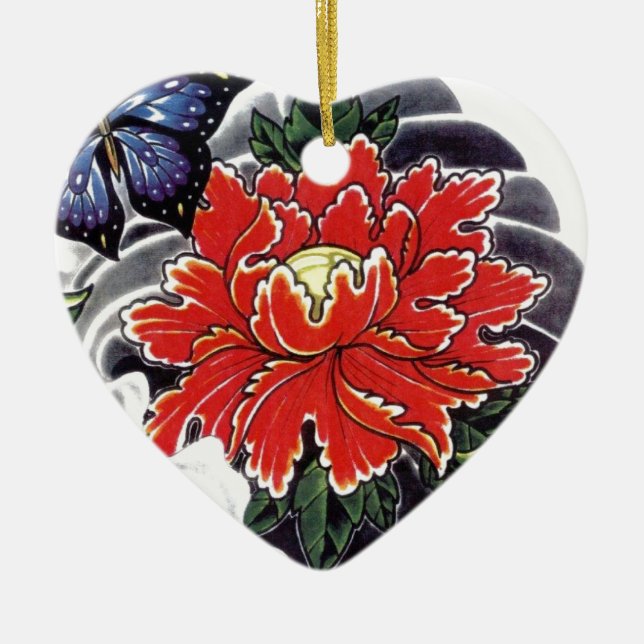 Peony Blume Japanisches Tätowierdesign Keramikornament (Vorne)