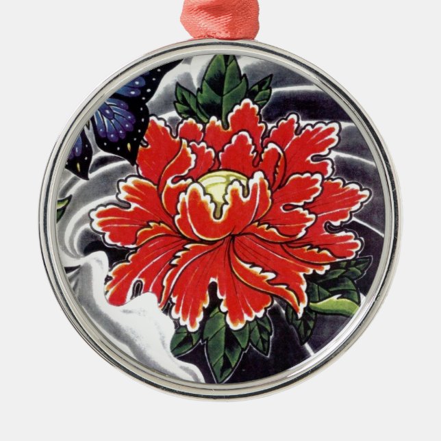 Peony Blume Japanisches Tätowierdesign Ornament Aus Metall (Vorne)
