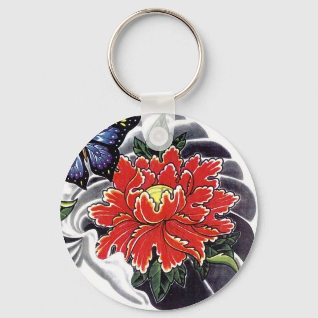 Peony Blume Japanisches Tätowierdesign Schlüsselanhänger (Vorderseite)
