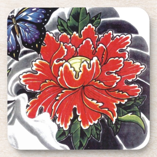 Peony Blume Japanisches Tätowierdesign Untersetzer (Vorderseite)