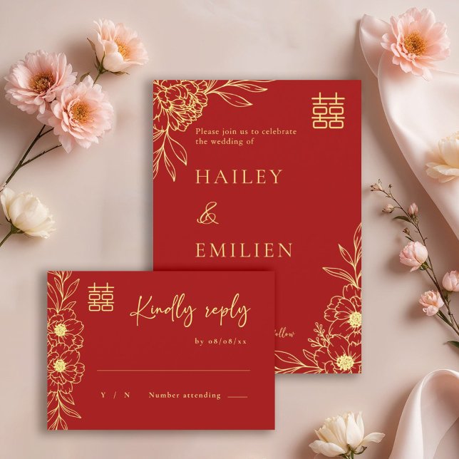 Peony Blume Modernes chinesisches Red Gold Wedding Einladung (Von Creator hochgeladen)
