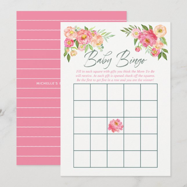 Peony Blume Spring Baby Shower Baby Bingo Einladung (Vorne/Hinten)