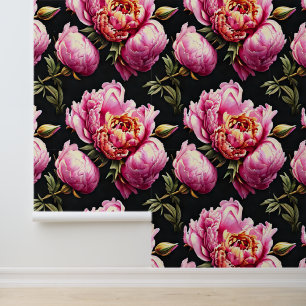 Peony Blumen pattern pink schwarz grüne Blüte Tapete