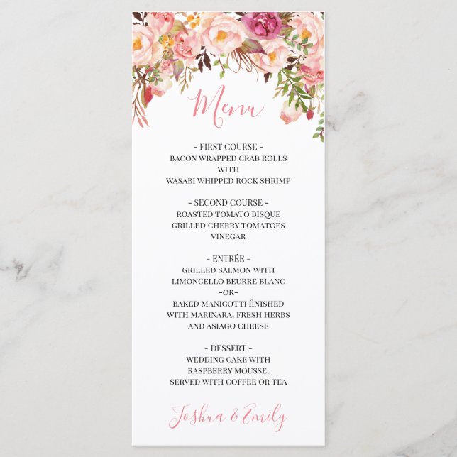 Peony Boho Rose Floral Menu Mariage (Devant)
