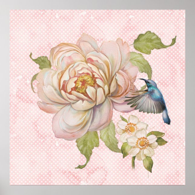 Peony Bouquet and Hummingbird Poster (Vorne)