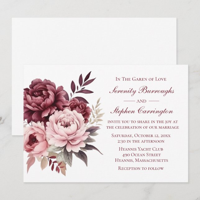 Peony Burgundy Pink Watercolor Blumenhochzeit Einladung (Vorne/Hinten)