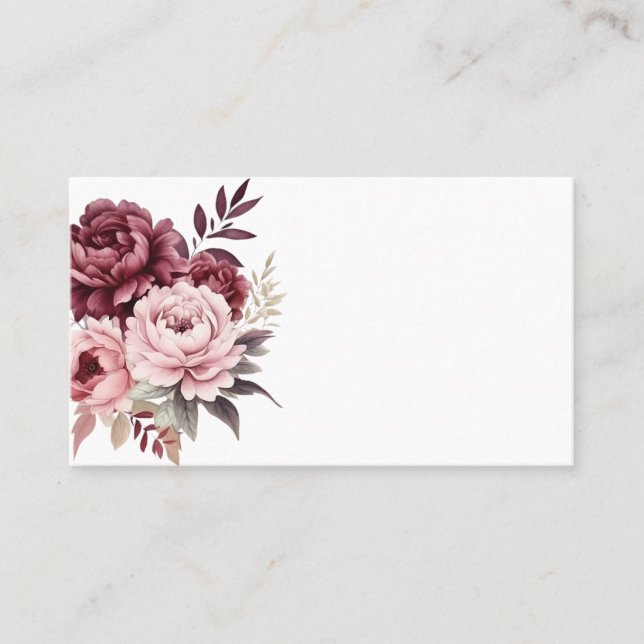 Peony Burgundy Pink Watercolor Blumenhochzeit Platzkarte (Vorderseite)