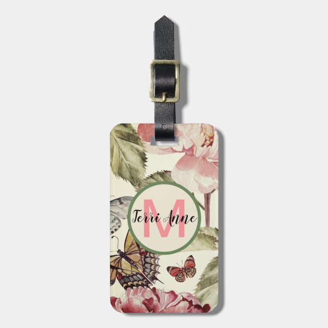 Peony & Butterfliegen mit Monogramm innerhalb eine Gepäckanhänger (Vorderseite vertikal)