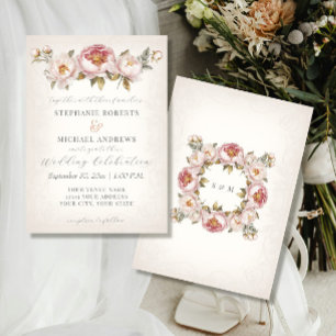 Peony Elegant Blues Rosa Elfenbeinhochzeit Einladung