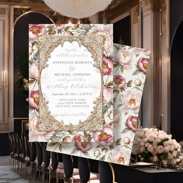 Peony Elegant Floral Gold w Pink and Cream Wedding Einladung (Von Creator hochgeladen)