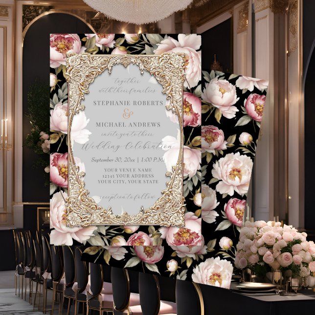 Peony Elegant Floral Gold w Pink n Black Wedding Einladung (Von Creator hochgeladen)