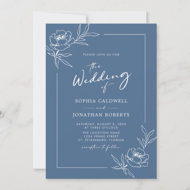 Peony Floral All in One Dusty Blue Wedding Einladung (Vorderseite)