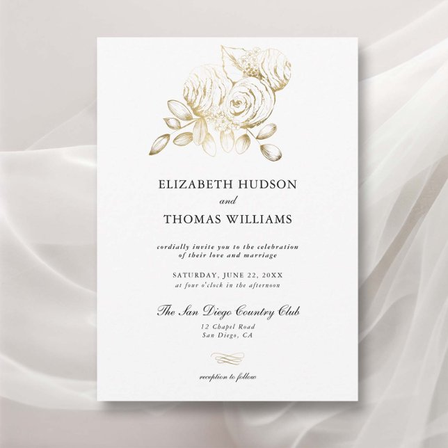 Peony Floral Art Sketch Imitate Einladung (peony wedding invitation modern classic formal  floral sketch faux gold elegant romantic garden)