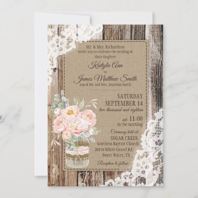 Peony Floral Bouquet Wood Lace Rustikale Hochzeit Einladung (Vorderseite)