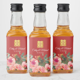 Peony floral doppeltes Glück Chinesische Hochzeit Alkoholflaschenetikett