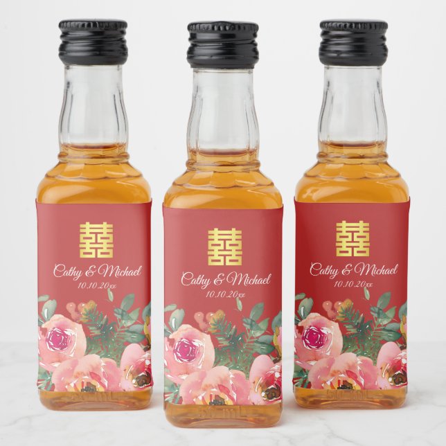 Peony floral doppeltes Glück Chinesische Hochzeit  Alkoholflaschenetikett (Flaschen)