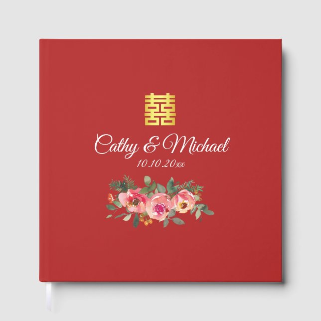 Peony floral doppeltes Glück Chinesische Hochzeit  Gästebuch (Vorderseite)