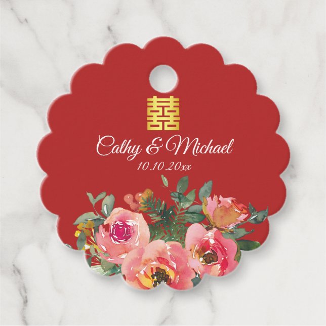 Peony floral doppeltes Glück Chinesische Hochzeit  Geschenkanhänger (Vorderseite)